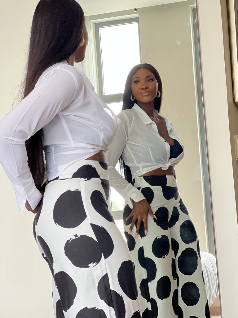 Polka Dot Pants With Chiffon Long Sleeve Top