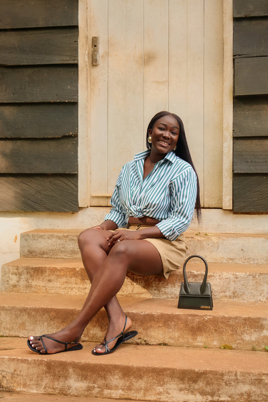 GREEN AND WHITE COTTON STRIPPED SHIRT PAIRED WITH KHAKI SHORTS
